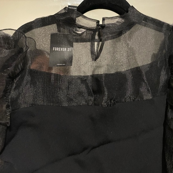 NEW Black Forever21 Mesh Lantern Sleeve Blouse - Picture 4 of 10